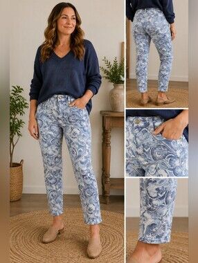 Chico's Blue Paisley Print Ankle Pants Stretch Crop Jeans Size 8